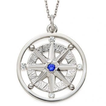 Compass Rose pendant with sapphire center and 4 diamonds in white gold