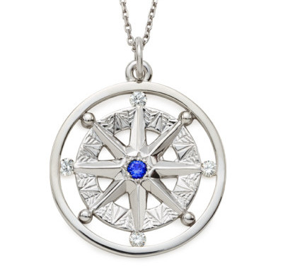 Compass Rose pendant with sapphire center and 4 diamonds in white gold