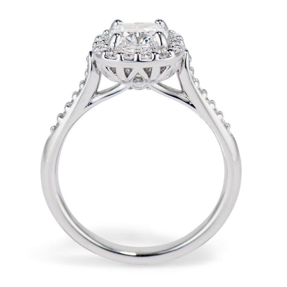 Cushion shaped diamond Jubilee with halo in Platinum
