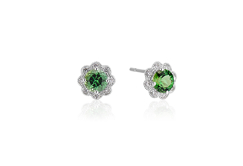 Chrome Green Tourmaline earrings with diamonds in white gold