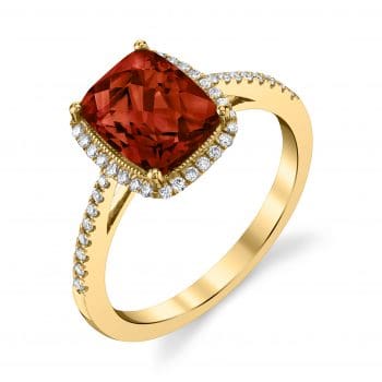 Cushion Cut Garnet with checkerboad facets Milgrain halo and diamond band160519