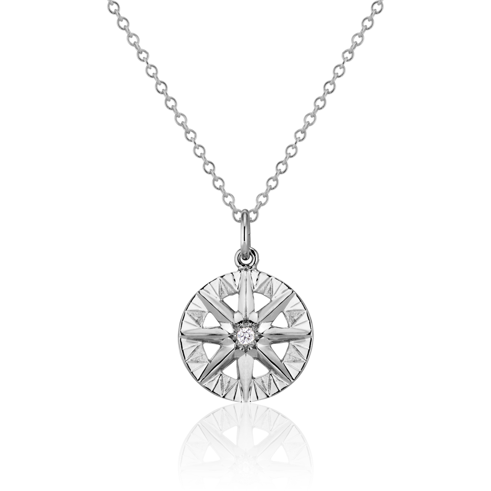 White Gold Compass Rose Pendant - Brown Goldsmiths