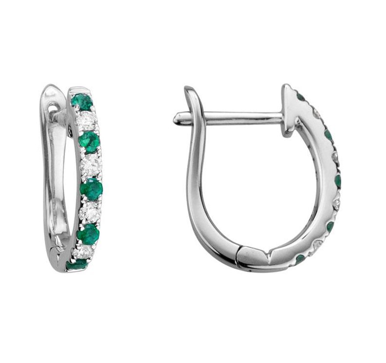 Emerald and Diamond Oval Hoops 14k white gold