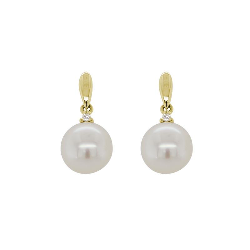 Pearl dangle earrings with diamonds 14k yellow gold and 8mm cultured pearl.