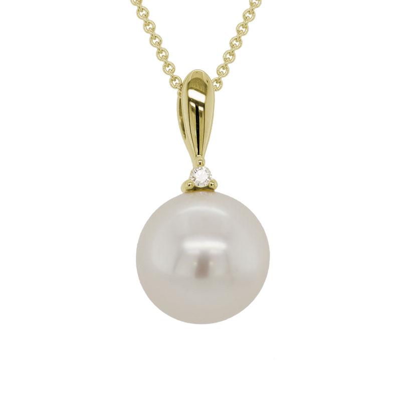 10mm Cultured pearl dangle pendant necklace with diamond accent in yellow gold
