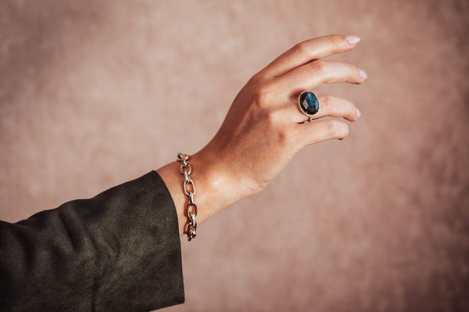 160578 Labradorite and diamond ring and Tamis link bracelet with diamonds hand and wrist