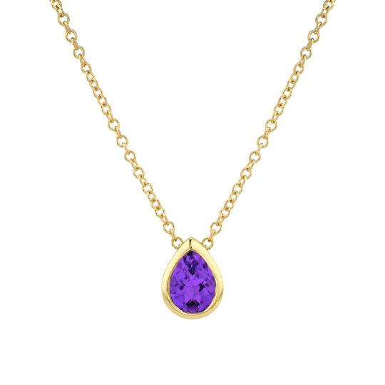 393806 Pear shape Amethyst bezel Pendant on cable chain 14k yellow gold