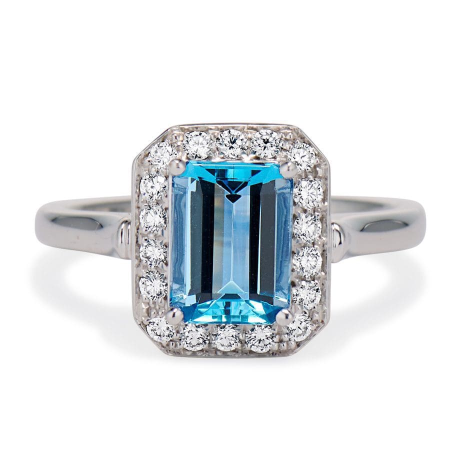 160555 Emerald Cut Aquamarine and Diamond Ring