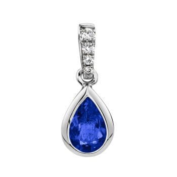 Blue Sapphire teardrop bezel pendant with 4 round white diamonds in the bail, 14k white gold 20611-PBS