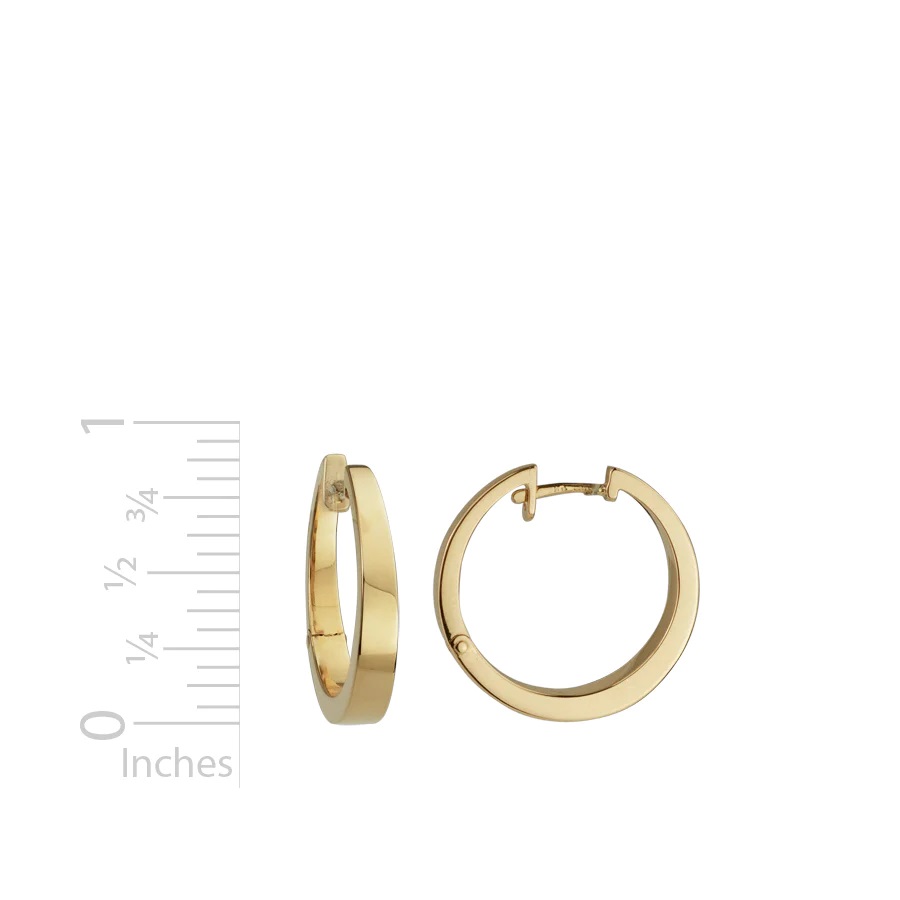 GEC28EV 22mm hinged tapered round hoops with ruler for scale .75inch 14k yellow gold
