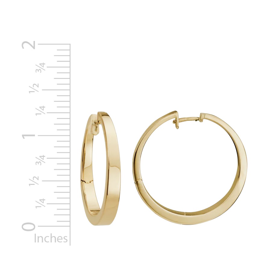 GEC30EV 14K YG Earring. 32mm (outside diameter) Round Hinged Tapered round Hoop. 2.2mm-4mm tapered width Scale