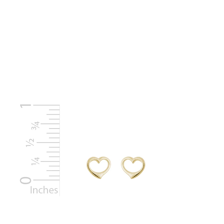 Open Heart Earrings 8mm 14k yellow gold with ruler for scale