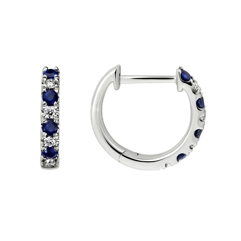 Prong set blue sapphire and diamond huggie hoops 14k white gold