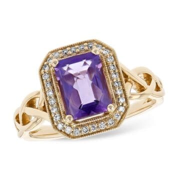 Amethyst ring with diamond halo and woven band 14k yellow gold