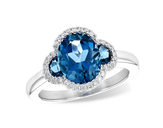 London Blue Topaz and Diamond ring in 14k white gold with diamond halos style D5770