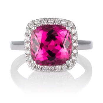 WG Tourm Halo Ring Bright Pink Tourmaline and Diamond Ring
