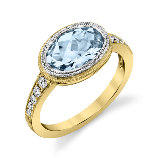 25612 Aquamarine 14kt yellow gold with white gold accent ring with diamonds 10x7mm oval checkerboard