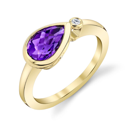 Pear shape Amethyst ring in 14K yellow gold featuring a bezel set checkerboard cut pear shape amethyst is accented with one diamond 27900-RAM