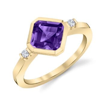 Octagonal Step Cut Amethyst Ring 14k yellow gold with accent diamonds 37430-RAM