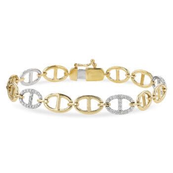 B1414 - Gold and Diamond Link Bracelet two-tone 14k y&w gold, full circle view with clasp in background.