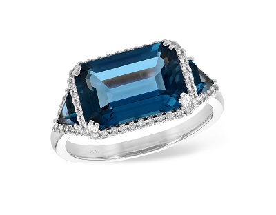 14kw Blue Topaz Ring East west emerald cut center and trilliant sides with diamond halos