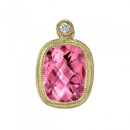 Pink Tourmaline and Diamond Pendant. 14k yellow gold with milgrain and a diamond accent