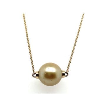 South Sea Golden Pearl 14Y Plain Rondels Necklace 14K Yellow Gold 1.1MM Wheat Chain Pearl measures 12MM