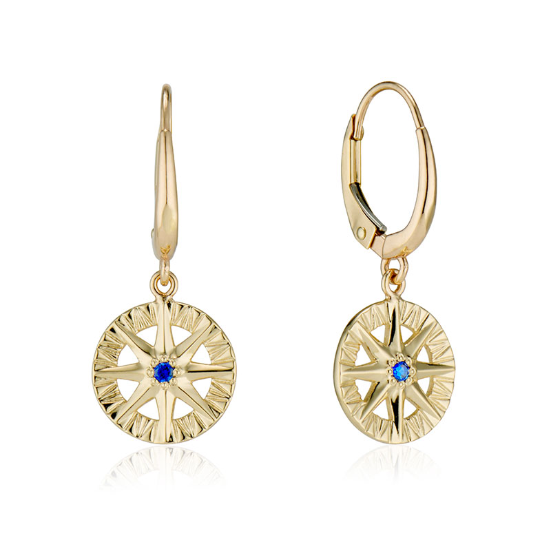 C-11.5-L-14Y-1S Yellow Gold and Sapphire Compass Rose Dangle Earrings