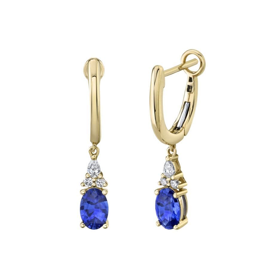 Blue Sapphire and Diamond dangle earrings in 14k yellow gold. N-28000-HBS