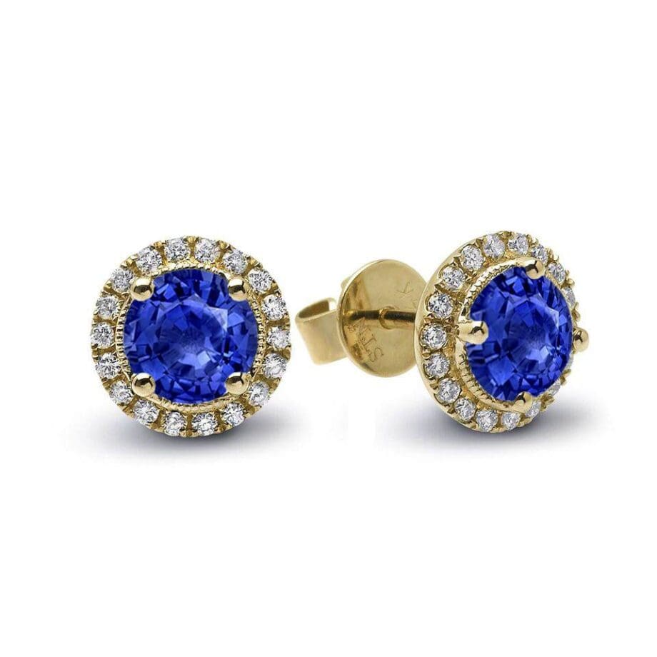 Blue Sapphire Halo Stud Earrings 14kt Yellow Gold Earrings with Diamonds H-98550M-EBS