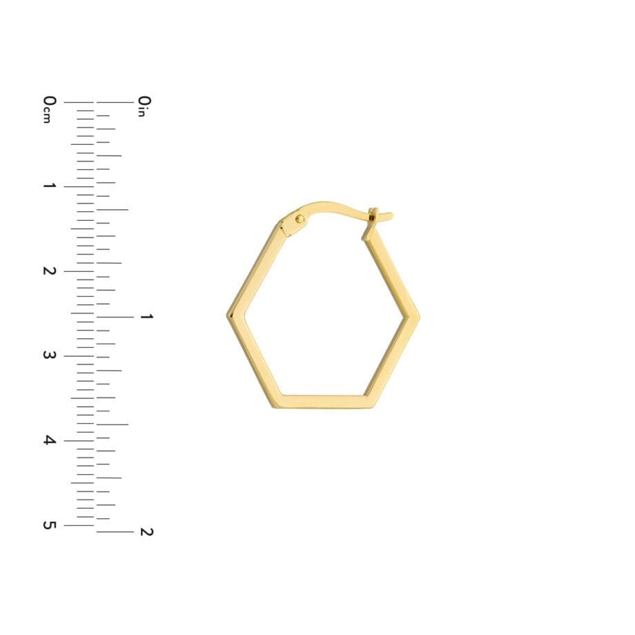 Honeycomb Hoops - Contemporary Hexagonal Earrings14k yellow gold with ruler for scale