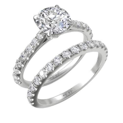 "Adelaide" Diamond Engagement Ring - 0.62ct Center Diamond, 18K White Gold, 16 Full-Cut Diamond Melees - Timeless Elegance and Romance Shown with its companion band.
