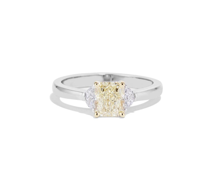 Radiant Yellow and Halfmoon Diamond Ring - Platinum ring with Radiant Yellow and Halfmoon Diamonds, 1.28ct center, lemon yellow, luxury jewelry