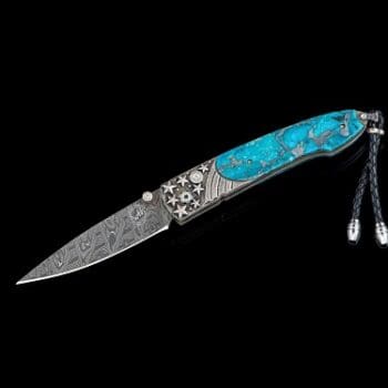 William Henry B10 STARS & STRIPES II Knife featuring Hand-forged 'Hornets Nest' Damascus by Mike Norris, Hand-carved Sterling Silver by Lee Downey, Zinc Matrix turquoise, and White Topaz. the Dimensions are Blade 2.75" (69.9mm) Handle 3.63" (92.2mm) Overall while open 6.38" (162mm)