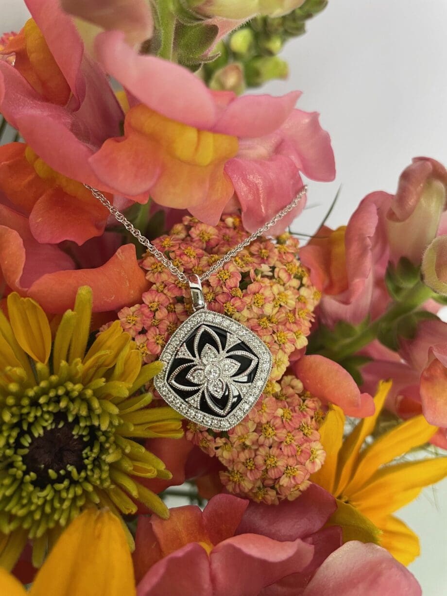 N8488 Onyx & Diamond Floral Filigree Necklace