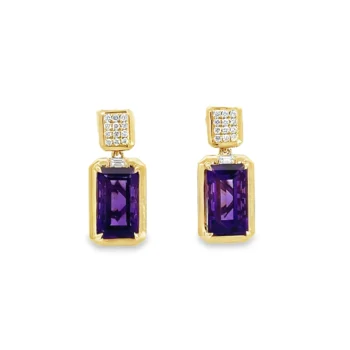 Amethyst and Diamond Drop Earrings 14k yellow gold with post backs.