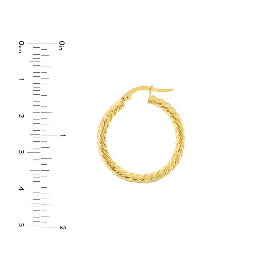 Twisted rope hoop earrings with a ruler for scale.