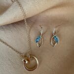 Modern Aquamarine Dangle Earrings shown with the wedding band necklace.