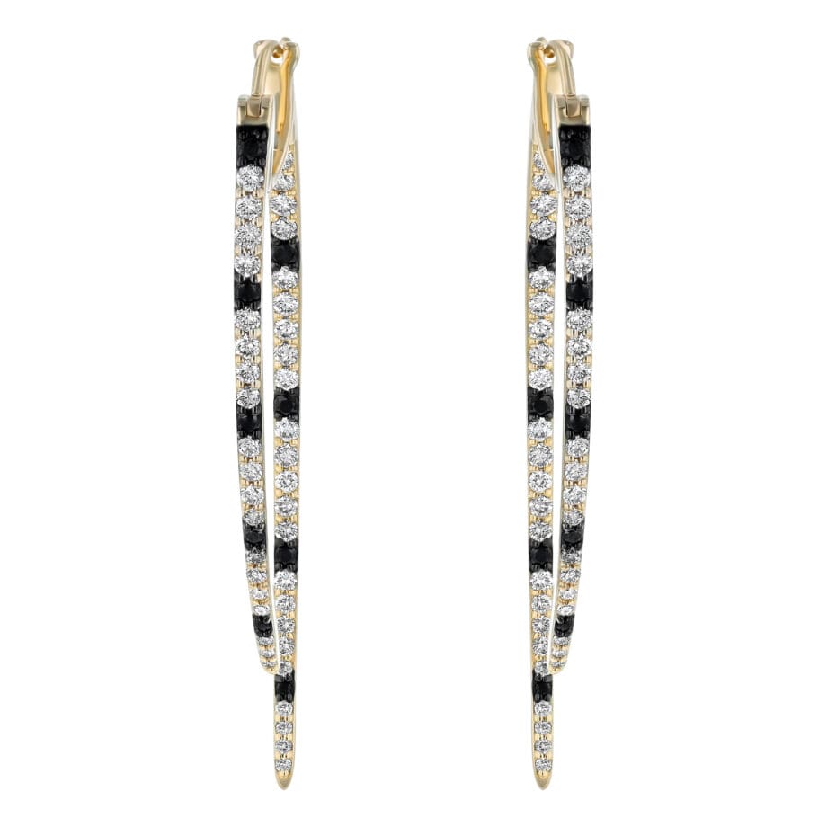 14K yellow gold dangle earrings with black and white diamonds at Brown Goldsmiths