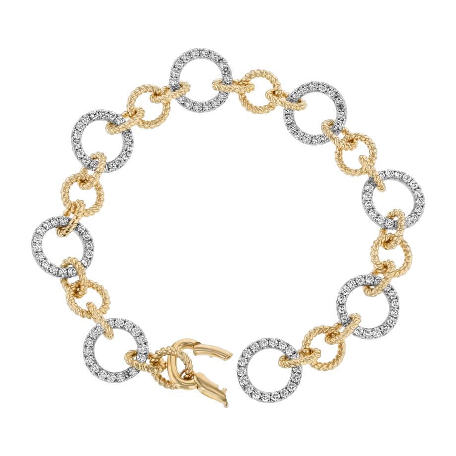 Two-tone gold diamond link bracelet with twisted rope detailing and round diamond links - full view with clasp open