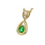 Open Teardrop Emerald & Diamond Necklace - 14k yellow gold 18" rope chain included. side view