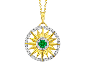 Sunflare Pendant Necklace - 18k two-tone gold with an emerald center surrounded by a diamond halo and an outer frame of diamonds