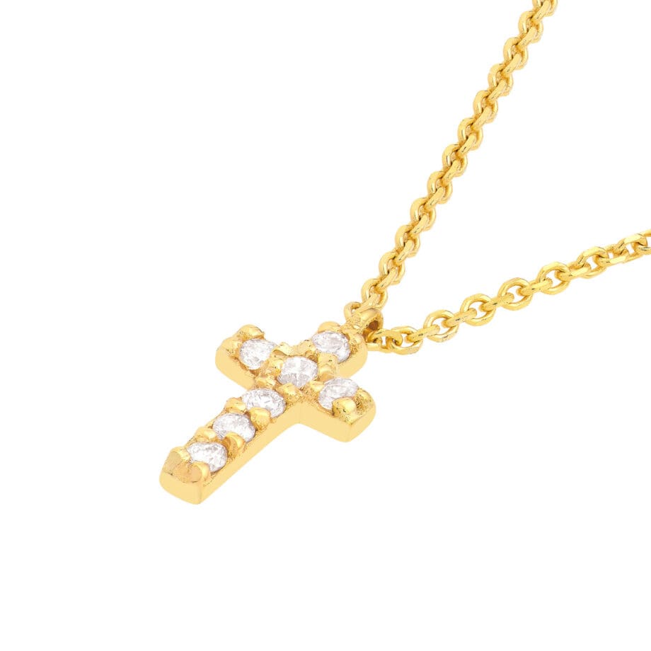 Petite Diamond Cross Necklace 14k yellow gold close up