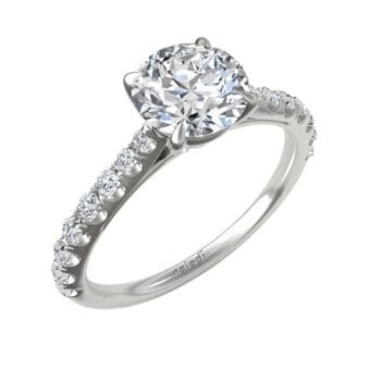 Round diamond engagement ring with a 0.62-carat center gemstone and tapered full-cut diamonds on an 18K white gold band