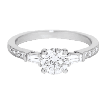 Platinum engagement ring with an 0.80 carat round center diamond and baguette side diamonds