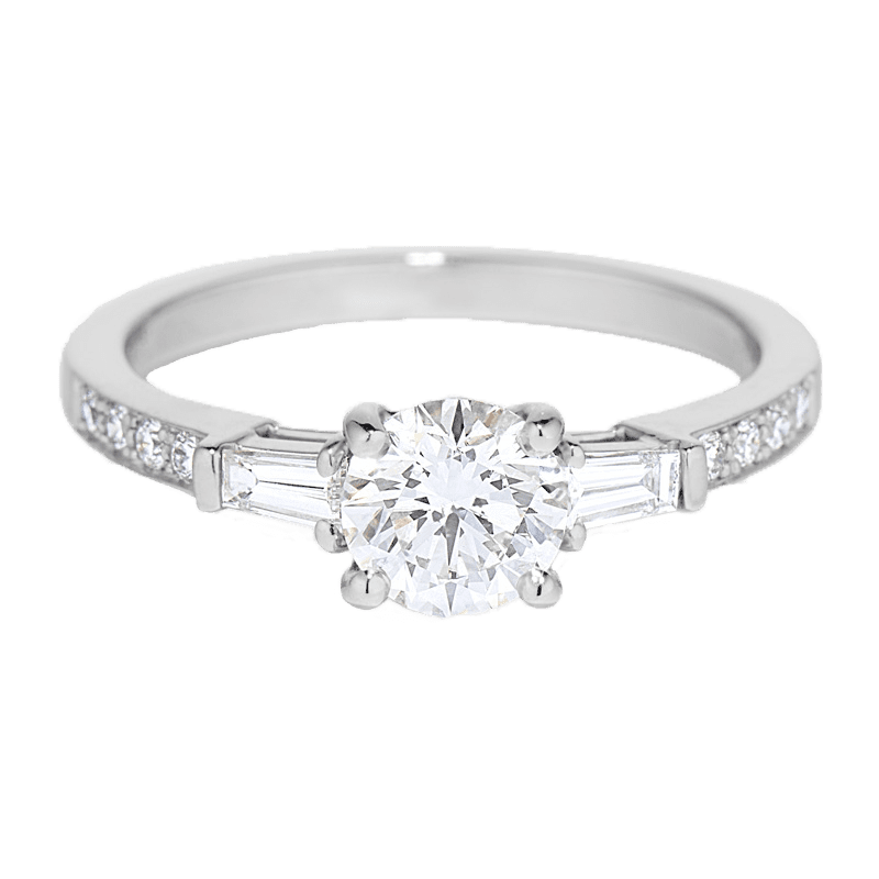 Platinum engagement ring with an 0.80 carat round center diamond and baguette side diamonds
