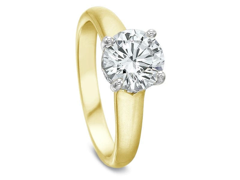 Round diamond solitaire engagement ring in 18K yellow gold band with platinum diamond setting