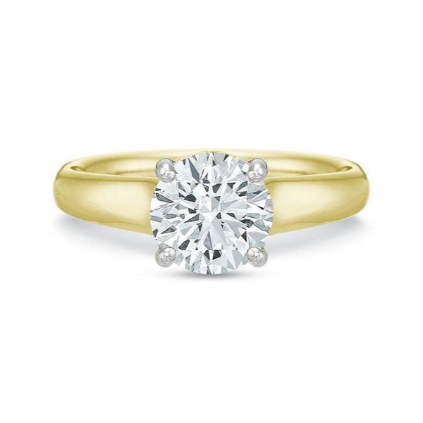Round diamond solitaire engagement ring in 18K yellow gold band with platinum diamond setting