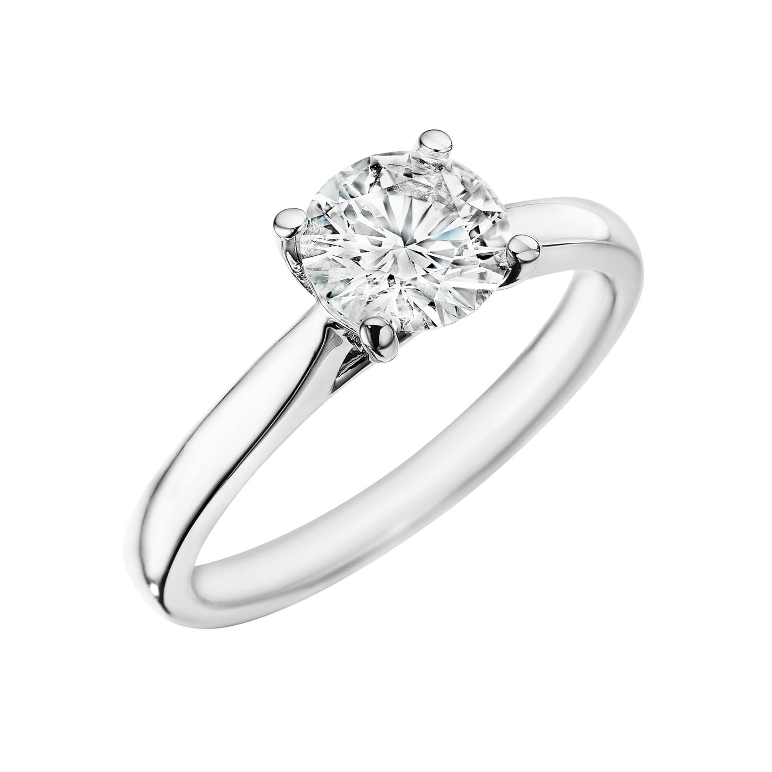 Round 0.71ct diamond solitaire engagement ring in 14K white gold with four-prong cathedral setting