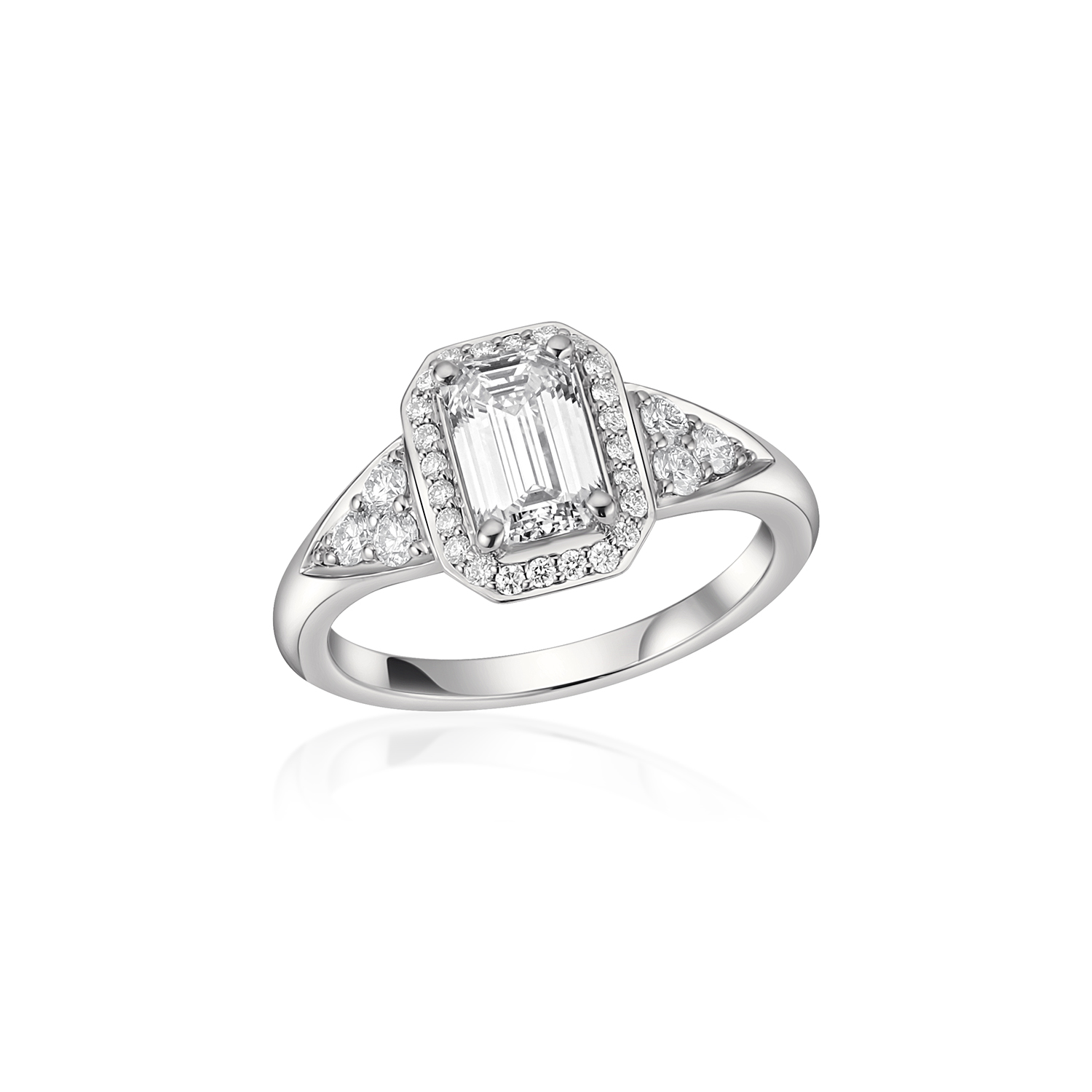 Platinum ring featuring a 1.05 carat emerald cut diamond with diamond halo and side trio diamond accents